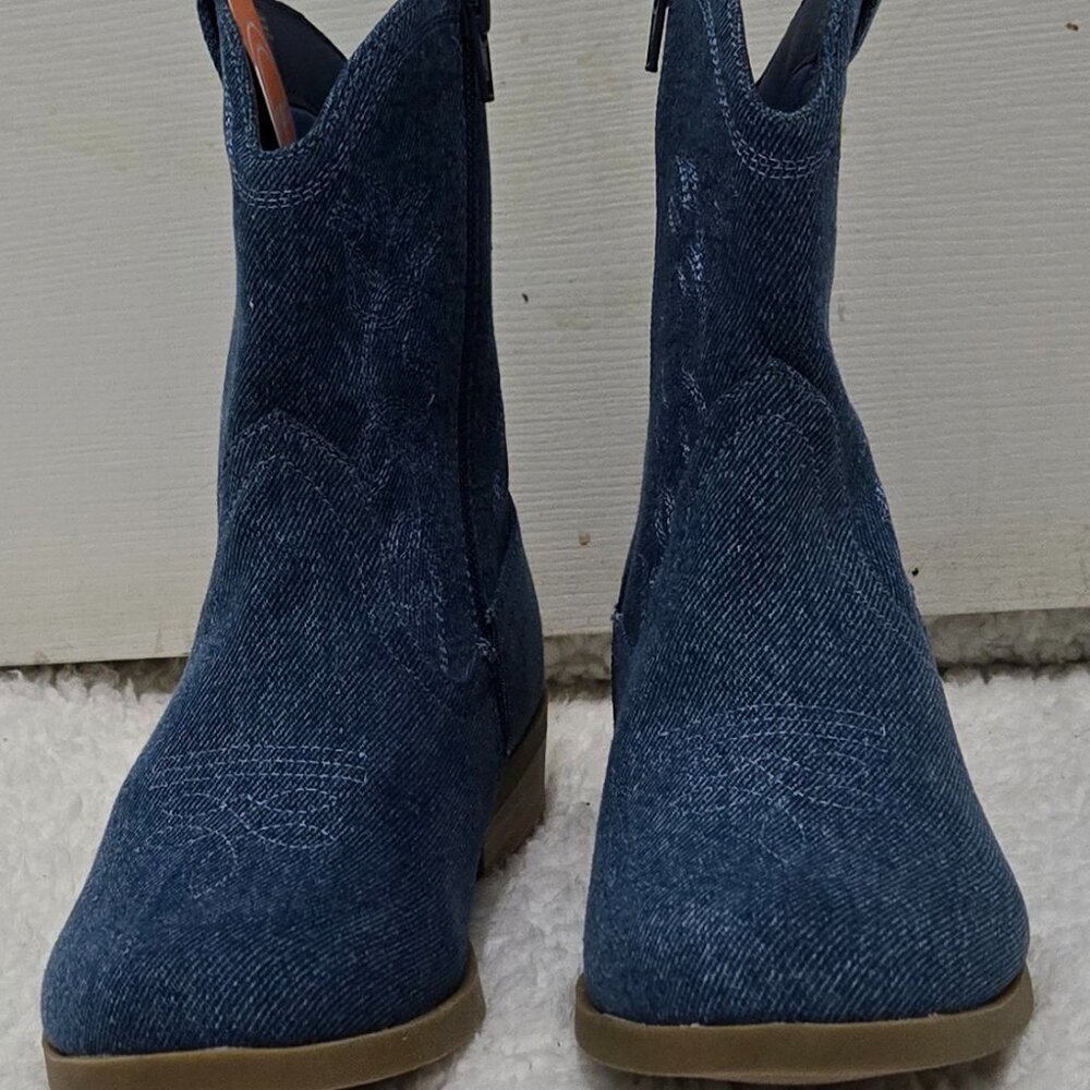 Girls New Side Zip Unlined Flexible Outsole Fabric Upper Denim Western Boots